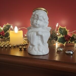 White Ceramic Angel Figurine with Gold Halo